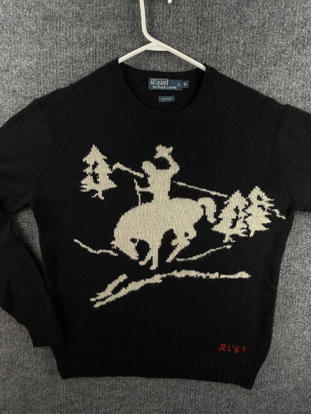 Polo Ralph Lauren Cowboy Rodeo Wool Long Sleeve Crew Neck RL67 Black Pullover